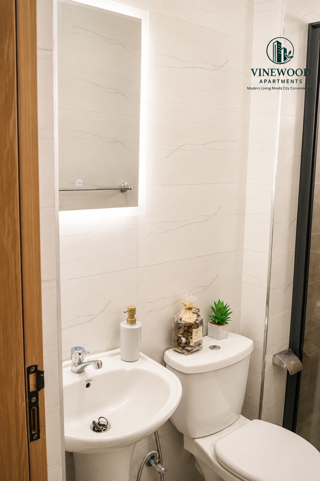 Marble finished washroom at VineWood Apartments